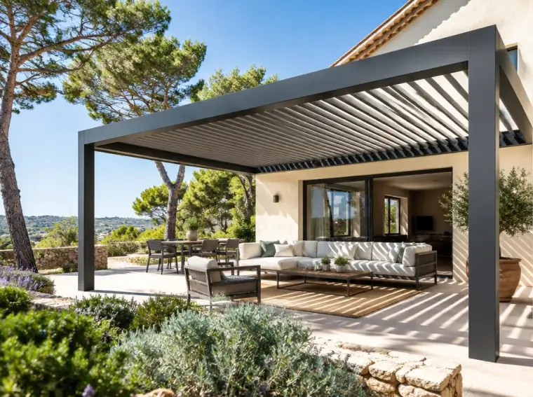 Pergola bioclimatique adossée de 25 m² à lames orientables installée à Saint-Maximin dans le Var