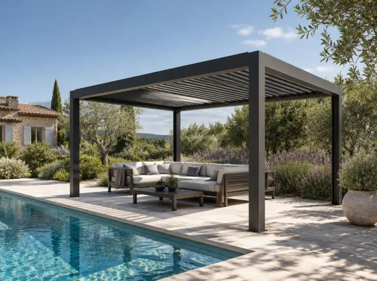 Pergola bioclimatique autoportée installée au bord d'une piscine à Trets dans les Bouches-du-Rhône