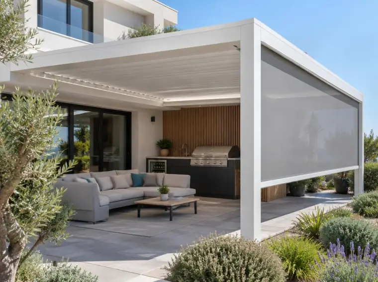 Pergola bioclimatique adossée blanche avec store latéral motorisé installée à Brignoles dans le Var