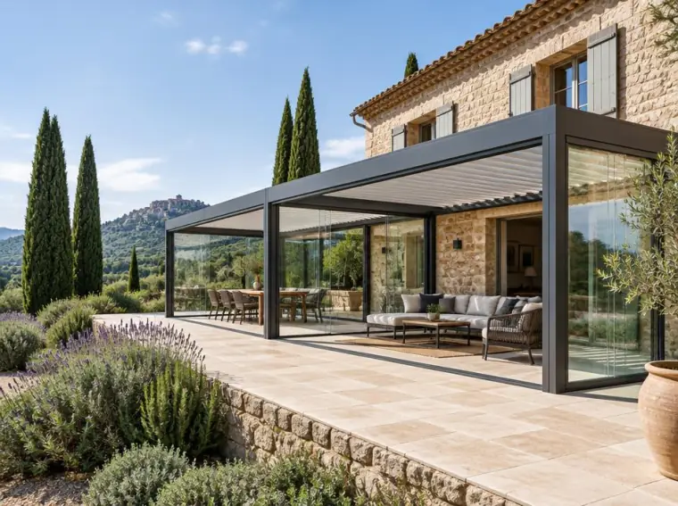 Pergola bioclimatique de 55 m² en modules accolés avec parois vitrées à Aubagne